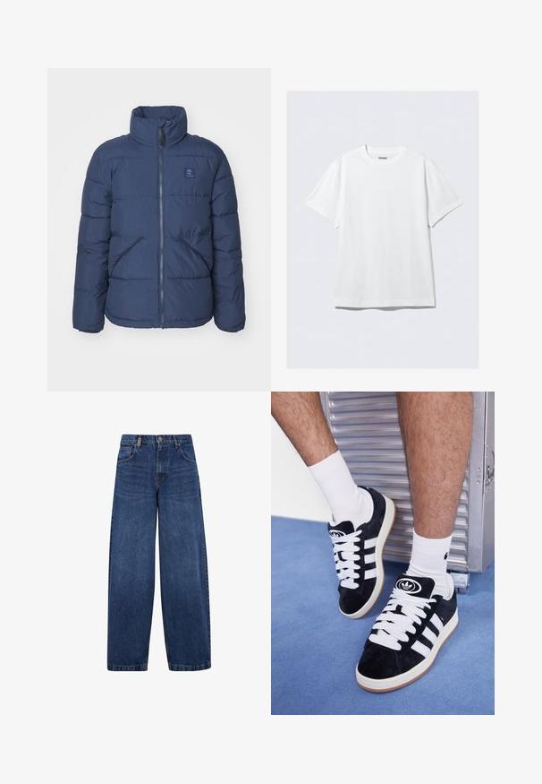 Námornícky modrá prešívaná bunda s vysokým golierom, dvojitým zipsom, prednými vreckami a malým logom na hrudi. Obsahuje prešívaný vzor.; Biely krátky rukáv tričko vyrobené z jemnej bavlny. Má okrúhly výstrih a voľný strih, s hladkým povrchom a čistým, nezdobeným dizajnom.; Široké modré džíny s klasickým dizajnom piatich vreciek, gombíkovým zapínaním a mierne vyblednutou textúrou. Pevné švy.; Čierne semišové tenisky s bielymi šnúrkami a tromi bielymi pruhmi. Obsahujú kruhové čierne logo na jazyku a gumovú podrážku.