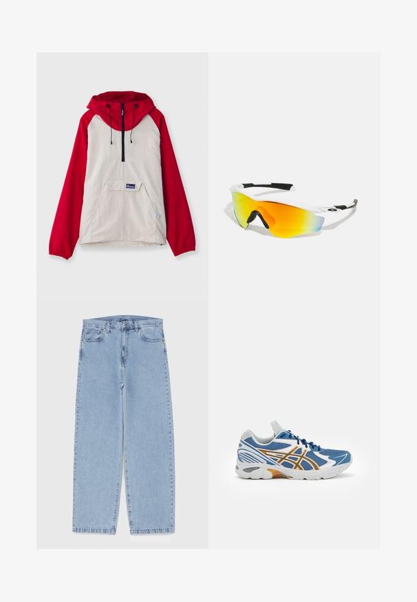 Anorakjack met een beige lichaam en rode raglan mouwen, een voorzak en verstelbare koordjes op de capuchon. Zwarte ritsdetails.; Witte korte mouwen t-shirt van zacht katoen. Heeft een ronde halslijn, een relaxte pasvorm en een gladde textuur. Geen zichtbare patronen of accenten.; Lichtblauwe denim jeans met een recht model, voorzien van een middelhoge taille, vijf zakken en een knoop- en ritssluiting.; Blauwe sportshoe met een bovenwerk van mesh, witte en oranje accenten, gevoerde tussenzool en een getextureerde rubberen buitenzool. Heeft een vetersluiting.; Witte sportzonnebril met een gebogen ontwerp, zwarte rubberen accenten en een gemirroerde lens in oranje-geel die overgaat in blauw.