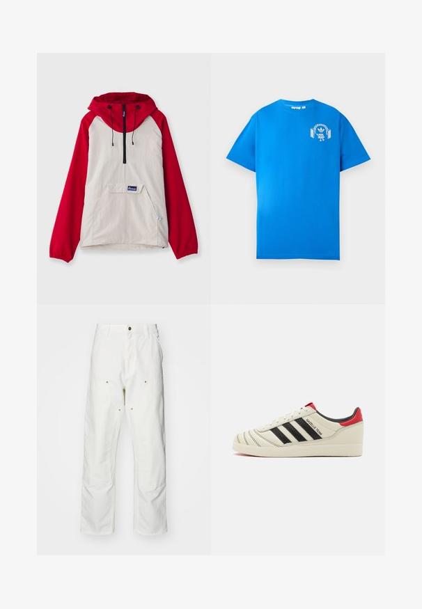 Anorak bunda so béžovým telom, červenými raglánovými rukávmi, prednou kapsou a nastaviteľnými šnúrkami na kapucni. Čierny zips ako detail.; Modrá bavlnená tričko s krátkymi rukávmi. Obsahuje biely grafický dizajn na prednej strane, zobrazuje postavu s slúchadlami a oblúkom.; Biele bavlnené cargo nohavice s voľným strihom. Medzi vlastnosti patrí predné vrecká, zlaté detaily a zosilnené kolenné časti.; Krémové kožené tenisky s čiernymi pruhmi, červenými akcentmi na päte a štruktúrovanými detailmi. Obsahujú gumovú podrážku a šnurovanie.