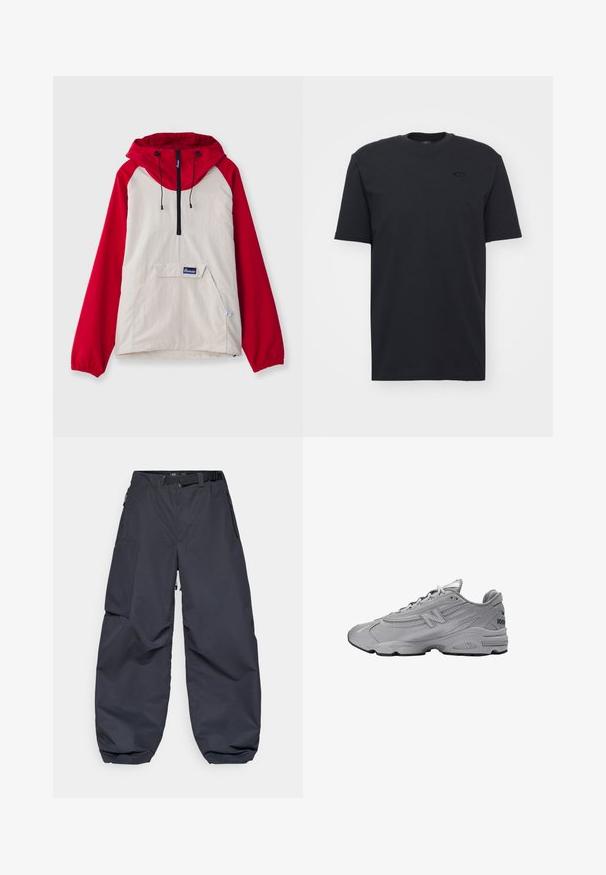 Chaqueta anorak con un cuerpo beige y mangas raglán rojas, un bolsillo frontal y cordones ajustables en la capucha. Detalle de cremallera negra.; Camiseta de algodón negra de manga corta con cuello redondo, que presenta un sutil acento de logotipo en el pecho y un ajuste relajado.; Pantalones cargo gris oscuro hechos de un material suave y duradero. Presentan un corte ancho y holgado, varios bolsillos y un cinturón en la cintura para ajuste.; Zapatilla deportiva gris con un diseño elegante, parte superior de malla y sintético, suela acolchada, acentos texturizados y un logo en el lateral.