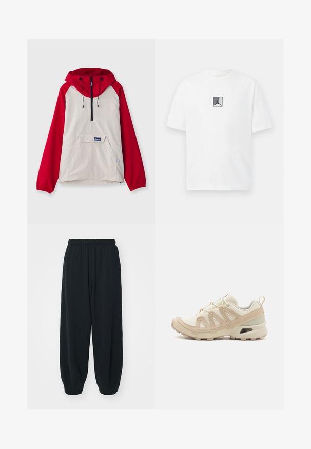 Anorakjack met een beige lichaam en rode raglan mouwen, een voorzak en verstelbare koordjes op de capuchon. Zwarte ritsdetails.; Witte katoen t-shirt met een centraal zwart en grijs logo grafiek. Klassieke ronde halslijn en korte mouwen met een losse pasvorm.; Zwarte, elastiche sweatpants met een losse pasvorm, manchetten aan de enkels, een zachte textuur en zonder zichtbare patronen of hardwareaccenten.; Beige en crème sportschoen met een textuur-mesh bovenwerk, ondersteunende overlays en een rubberen zool met een profielpatroon voor grip.