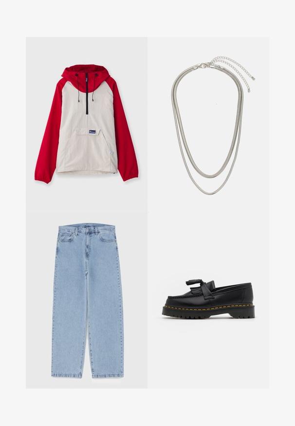 Anorakki takki, jossa on beige runko punaisilla raglan-hihansuilla, etutasku ja säädettävät nyörit hupussa. Musta vetoketjuyksityiskohta.; Viisi pitkähihapaitaa rivissä: turkoosi, musta, valkoinen, tummanharmaa ja tummansininen. Pehmeä kangas, jossa pyöreä kaula-aukko ja normaali istuvuus.; Vaaleansiniset farkut suoran lahkeen muotoilulla, joissa on puolivälin vyötärö, viisi taskua sekä nappi- ja vetoketjusuljenta.; Musta nahkakengät, joissa on tupsuakkentti, paksu musta pohja ja keltainen ommel reunassa. Rakeinen pinta.; Kolmikerroksinen hopeametallinen kaulakoru, jossa on tyylikkäitä, joustavia ketjuja, joissa on hieno kiilto. Kaulakoru on kiinnitetty hummerilukolla ja siinä on säädettävä ketju.