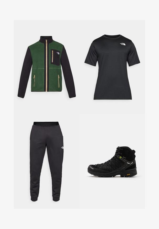 Fleecejakke med grønn kropp og svarte ermer, gullglidelåser, og en glidelåslomme på brystet med logo. Myk tekstur og avslappet design.; Svart t-skjorte med korte ermer laget av lett, fukttransporterende stoff. Har en hvit logo på venstre bryst og rund hals.; Svarte joggebukser laget av glat stoff, med en smal design, elastisk midje og logo detaljer på høyre ben.; Svarte tursko med teksturert overdel, forsterket tå og Vibram såle. Snøresystemet inkluderer kroker for en sikker passform.