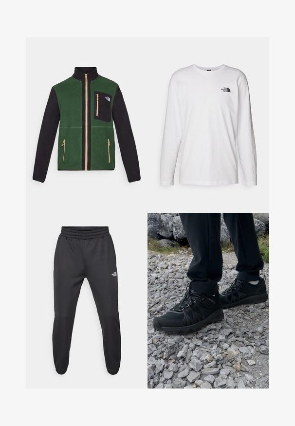 Chaqueta de forro polar con un cuerpo verde y mangas negras, cremalleras doradas y un bolsillo en el pecho con cremallera que lleva un logo. Textura suave y diseño casual.; Camiseta de manga larga blanca de algodón con cuello redondo. Presenta un pequeño logotipo negro en el pecho. Textura suave, corte regular.; Pantalones deportivos negros con cintura ajustable mediante cordón, corte tapered, puños elásticos y un pequeño logo blanco en el muslo izquierdo, fabricados en tejido suave.; Zapatos exteriores negros con malla y material sintético, que presentan un upper texturizado, un sistema de cordones seguro y una suela robusta, sobre terreno rocoso.