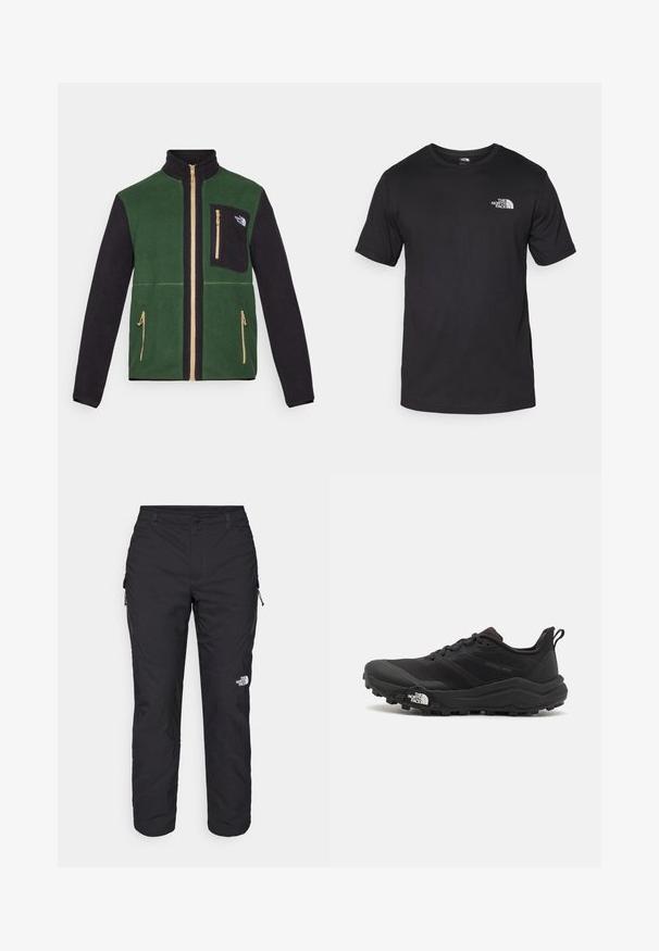 Fliisjakki, millel on roheline keha ja mustad varrukad, kuldsed tõmblukud ning tõmbluku tasku rinnal koos logoga. Pehme tekstuur ja juhuslik disain.; Must have lühikeste varrukatega must T-särk, mis on valmistatud puuvillast, ümmarguse kaelusega ja väikese valge logoga vasakus ülanurgas.; The North Face WINTER EXPLORATION TAPERED CARGO - Õuepüksid - black; Must tume jooksujalats musta värvi, tekstuurse ülemise osaga, kummist tallaga ja tugevdatud varbaga. Omab pehmendusega krae ja tõmblinti mugavaks selga panemiseks.