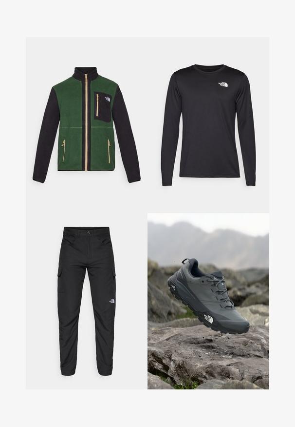Fleece jacket featuring a green body and black sleeves, gold zippers, and a zippered chest pocket with a logo. Soft texture and casual design.; Long-sleeved black performance t-shirt made of lightweight fabric, featuring a white logo on the upper left chest. Smooth texture.; The North Face HORIZON PANT - Outdoor trousers - black; Grey trail running shoe with a textured upper, durable rubber sole, and reinforced toe cap. Features laces and brand logo on the side.