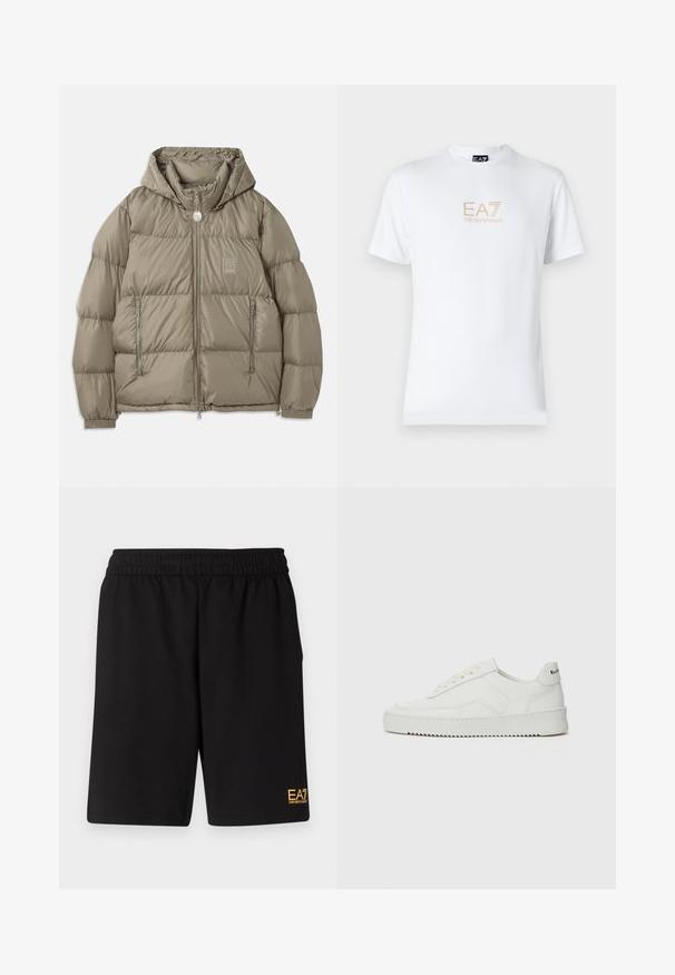 Μαλακή μπουφάν σε ήπιο ελαιόχρωμο, με κουκούλα, τσέπες με φερμουάρ, ελαστικές μανσέτες και ραμμένο λογότυπο στο στήθος. Λείος υφή.; Λευκό βαμβακερό t-shirt με στρογγυλή λαιμόκοψη και κοντά μανίκια, με χρυσό λογότυπο EA7 Emporio Armani τυπωμένο μπροστά.; Μαύρες αθλητικές βερμούδες από μαλακό ύφασμα, με ελαστική μέση και μικρό λογότυπο EA7 στο κάτω αριστερό πόδι.; Λευκό δερμάτινο sneakers με λείο φινίρισμα, στρογγυλή μύτη, επίπεδα κορδόνια και υφή στην σόλα. Φέρει μια διακριτική λογότυπο στη φτέρνα.