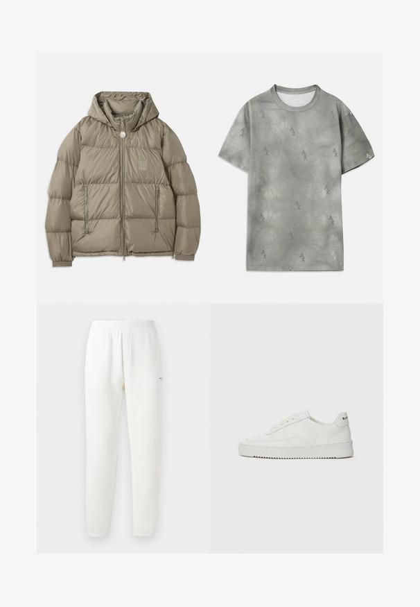 Padded jacket in a muted olive green, featuring a hood, zippered pockets, elastic cuffs, and a logo patch on the chest. Smooth texture.; Gray cotton T-shirt with subtle AX logo pattern, round neckline, short sleeves, and a relaxed fit. Smooth texture with a slightly faded style.; White sweatpants made from soft fabric, featuring an elastic waistband, tapered legs, and a small logo on the left side.; White leather sneaker with a smooth finish, round toe, flat laces, and a textured sole. Features a subtle logo on the heel.