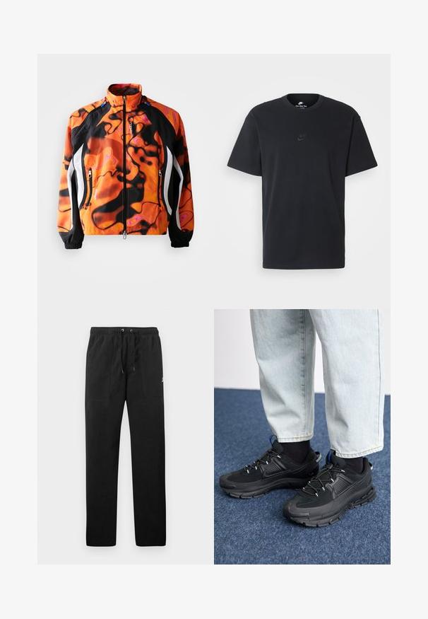 Skaidrs oranžs un melns jakas ar abstraktiem rakstiem, ar rāvējslēdzēju, augstu apkakli, elastīgām piedurknēm un baltām akcentiem gar sāniem.; Nike melns kokvilnas T-krekls ar klasisku piegriezumu, īsām piedurknēm un smalku, reljefu logotipu uz krūškurvja. Gluda tekstūra.; Melnas sporta bikses, izgatavotas no flīsa, ar elastīgu jostasviedi un auklām, diviem priekšējiem kabatām un nelielu logo uz augšstilba.; Melni sporta apavi ar strukturētu audumu un gumijas zoli, ar elastīgām auklām un zilu akcentu uz papēža. Nēsāti ar gaišām džinsu biksēm.
