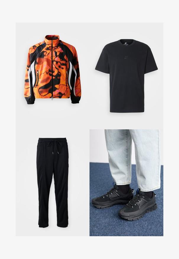 Casaco laranja brilhante e preto com padrões abstratos, fecho com zíper, gola alta, punhos elásticos e detalhes brancos nas laterais.; T-shirt de algodão preto da Nike com um clássico decote redondo, mangas curtas e um logótipo em relevo discreto no peito. Textura suave.; Calças casuais pretas com cordão na cintura, com bolsos laterais e corte reto, sobre um fundo simples.; Sapatilhas desportivas pretas com tecido texturizado e solas em borracha, apresentando atacadores elásticos e um detalhe azul no calcanhar. Usadas com calças de ganga claras.