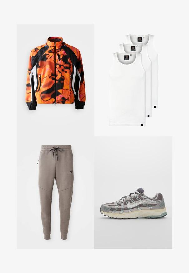 Svetlo oranžna in črna jakna z abstraktnimi vzorci, zadrga, visok ovratek, elastični manšeti in beli poudarki po straneh.; Tri bele rebraste majice brez rokavov iz bombaža. Imajo okroglo izreza in majhne črne etikete blizu roba. Na voljo v več velikostih.; Sive Nike trenirke z vrvico v pasu, pripete noge, stranske žepke in izrazitim šivom. Mehka, teksturirana tkanina.; Sive športne čevlje z zgornjim delom iz mrežastega in semiš materiala, belimi akcenti, oblazinjenim podplatom ter edinstvenim dizajnom z odsevnimi elementi.