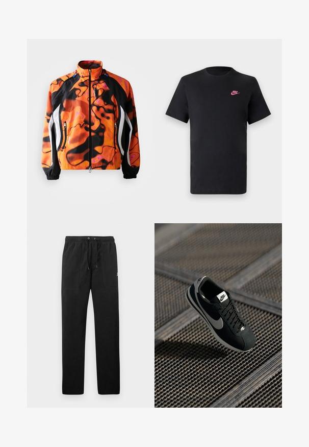 Ljus orange och svart jacka med abstrakta mönster, dragkedja, hög krage, elastiska cuffs och vita accenter längs sidorna.; Svart bomullströja med rund halsringning och korta ärmar. Har en rosa Nike-logga på den övre vänstra sidan. Slät textur.; Svarta sweatpants i fleece, med resårmidja och dragsko, två framfickor och en liten logotyp på låret.; Svarta Nike-sneakers med grå accenter, material i mocka och nät, texturerad sula, smal form och klassisk snördesign.