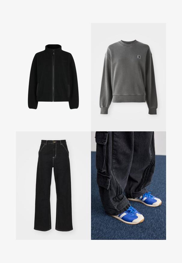 Ühevärviline must fliisjakker kõrge kraega, täispikkuslik tõmblukk, küljetaskud ja tekstuuriga viimistlus. Omab elastseid mansette ja liibuva äärist.; Hall hall, mis on valmistatud siledast puuvillaste segudest, ringikujuline kaelus, soonikpitsid ja väike logopatch vasakul rinnal.; Mustmustest mustadest denimist, millel on kontrastsed valged õmblused ja esine nupp, kahe nurga all asuva esipocketiga.; Inimene, kes kannab laiu musti cargo-pükse ja siniste ning valgete tossude, seisab tumesinisel vaibal.