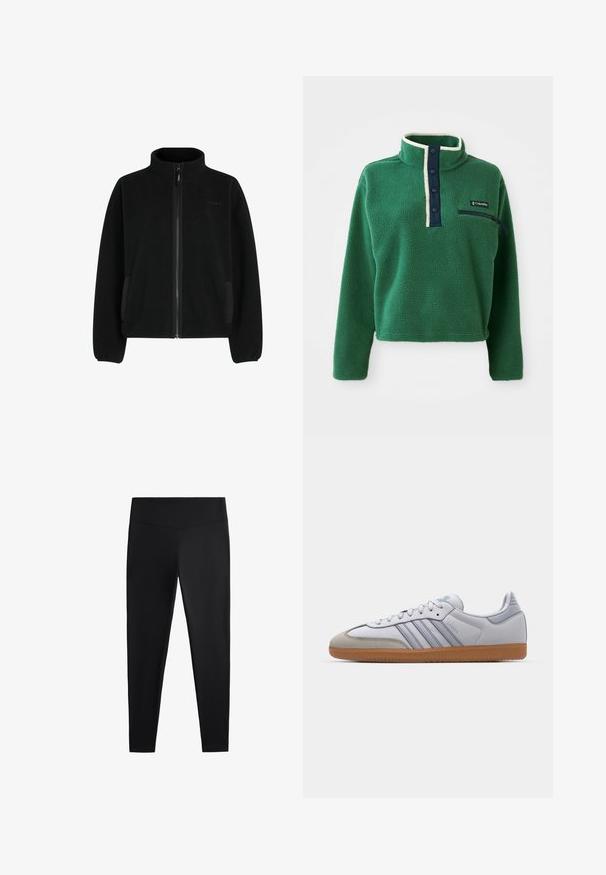 Jachetă din fleece de culoare neagră solidă, cu guler înalt, fermoar complet, buzunare laterale și o finisare texturată. Include manșete și tiv elasticizate.; Pulover verde din fleece cu guler înalt, placket albastru cu nasturi și un buzunar cu fermoar. Are o textură moale și trimuri contrastante de crem.; Colanți negri realizați dintr-un material neted și elastic. Prezintă o talie lată și un design cu picioare conice, potriviți pentru activități sportive sau purtat casual.; Tenisi din piele albă cu accente albastre deschise, vârf din suede gri și talpă din cauciuc maro. Prezintă trei dungi albastre și branding "Samba".