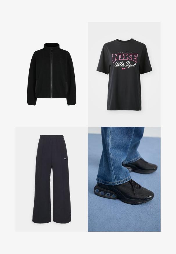 Fleece jacket in solid black with a high collar, full zipper, side pockets, and a textured finish. Features elasticized cuffs and hem.; Black cotton T-shirt featuring a graphic print in pink and white with the text "JUST DO IT," "NIKE," and "Athletic Depart." Standard fit.; Black wide-leg pants with an elastic waistband and a small white Nike logo. Fabric has a smooth texture, designed for comfort and casual wear.; Black athletic sneakers with mesh upper, textured accents, and visible air cushioning pods in the sole. Worn with blue denim jeans.