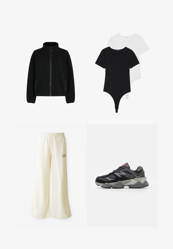 Fleece-Jacke in einfarbigem Schwarz mit hohem Kragen, durchgehendem Reißverschluss, seitlichen Taschen und strukturiertem Finish. Mit elastischen Bündchen und Saum.; Schwarz-weiße kurzärmelige Bodysuits mit Rundhalsausschnitten und Tanga-Style, aus glattem, dehnbarem Stoff gefertigt.; Cremefarbene, weit geschnittene Sweatpants mit einem elastischen Bund und anpassbarem Kordelzug. Bestickter grüner "Athletic"-Schriftzug auf der Vorderseite. Weicher Stoff.; Schwarzer und grauer Sneaker mit einer Kombination aus Wildleder und Mesh-Materialien, dicker Sohle, ausgeprägtem Logo und roten Akzenten an der Zunge.