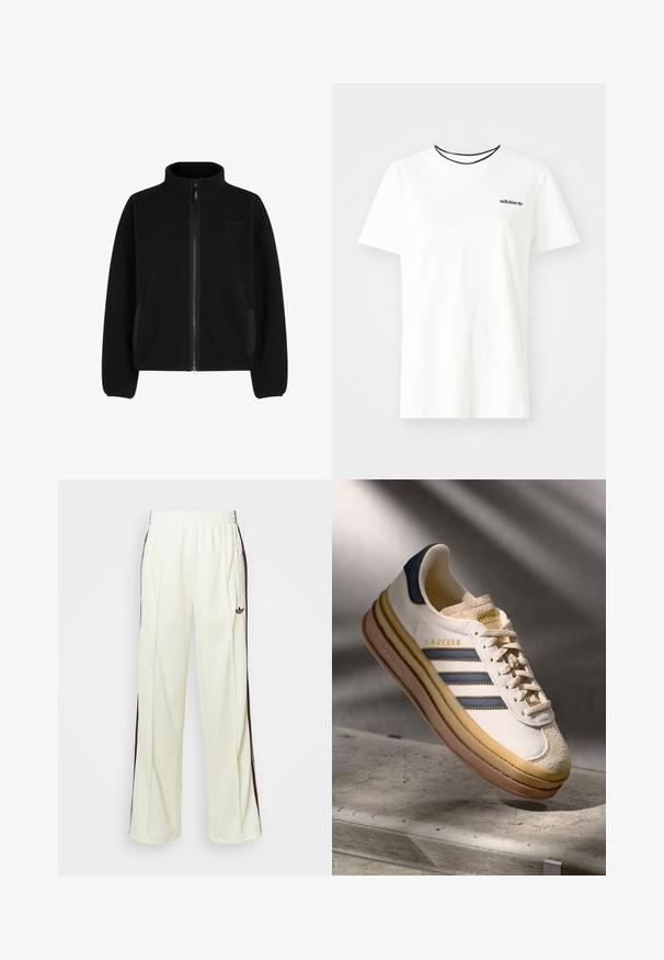 Giacca in felpa nera uniforme con collo alto, zip completa, tasche laterali e finitura testurizzata. Presenta polsini e orlo elasticizzati.; T-shirt bianca in cotone con maniche corte e scollatura rotonda. Presenta un logo Adidas nero sul petto e un colletto interno a contrasto nero.; Pantaloni sportivi color crema con vestibilità rilassata, caratterizzati da strisce laterali marrone scuro e un logo ricamato sulla coscia sinistra.; Sneaker Adidas Gazelle con tomaia in suede crema, accenti in pelle blu, tre strisce blu, suola intermedia beige e suola in gomma marrone.