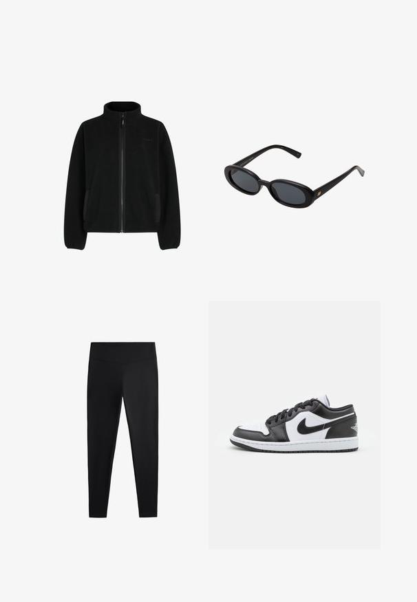 Fleecová bunda v čistě černé barvě s vysokým límcem, plným zipem, postranními kapsami a texturovaným povrchem. Má elastické manžety a spodní lem.; Bílé dlouhé rukávy zkrácené tričko vyrobené z jemné látky, má kulatý výstřih a volný střih s manžetovými rukávy. Jednoduchý a čistý design.; Černé legíny vyrobené z hladkého, elastického materiálu. Mají široký pas a zúžený střih nohavic, vhodné pro aktivní nebo volnočasové nošení.; Černobílé nízké tenisky Nike mají hladký kožený svršek, kulatou špičku, šněrování a vzorovanou gumovou podrážku.; Černé oversized sluneční brýle s oválnými čočkami, hladkým plastovým rámem a zlatými akcenty na spáncích. Tmavé čočky poskytují ochranu před sluncem.