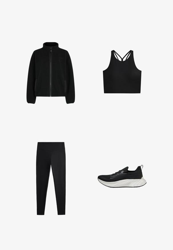 Fekete fleece dzseki magas gallérral, teljes cipzárral, oldalsó zsebekkel és texturált felülettel. Rugalmas mandzsettákkal és alsó szegéllyel rendelkezik.; Fekete sportos crop top sima textúrával, magas nyakkivágással és hátul dupla keresztpánttal. Egyszerű, funkcionális dizájn.; Fekete leggings sima, rugalmas anyagból. Széles derékpánt és szűkülő lábzárás jellemzi, alkalmas aktív vagy laza viseletre.; Fekete sportcipő texturált felsőrésszel, fehér párnázott talppal és diszkrét logóval. Húzófül és fűzős záródás jellemzi.