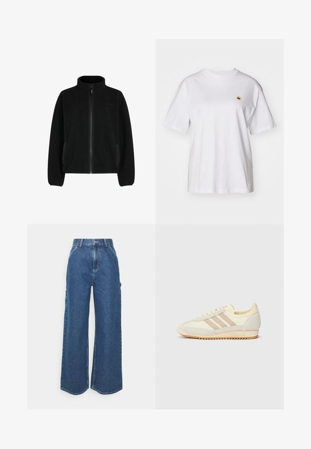 Casaco de polar em preto sólido com colarinho alto, fecho zip completo, bolsos laterais e um acabamento texturizado. Apresenta punhos e barra elásticos.; T-shirt branca de algodão com um corte descontraído, mangas curtas e um pequeno logótipo bordado na área do peito esquerdo.; Calças de ganga azuis de perna larga com cintura alta, costuras em contraste e bolsos laterais, apresentando um design clássico de cinco bolsos e bainhas desfiadas.; Sapatilha atlética creme com três riscas bege, materiais em camurça e tecido, sola texturizada e logo em relevo no calcanhar.