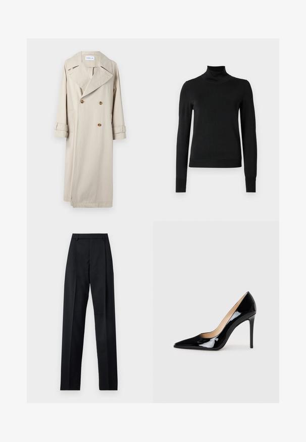 Beige trench coat made of cotton, featuring a double-breasted front, large lapels, and button accents. Includes side pockets and cuffed sleeves.; Black long-sleeve turtleneck sweater with ribbed cuffs and hem, displayed on a plain white background.; Black trousers made from smooth fabric featuring a high waist, wide legs, front pleats, and classic belt loops. No side pockets visible.; Black patent leather high-heeled pump with a pointed toe design and a sleek silhouette. Features a smooth, shiny finish and a slender stiletto heel.
