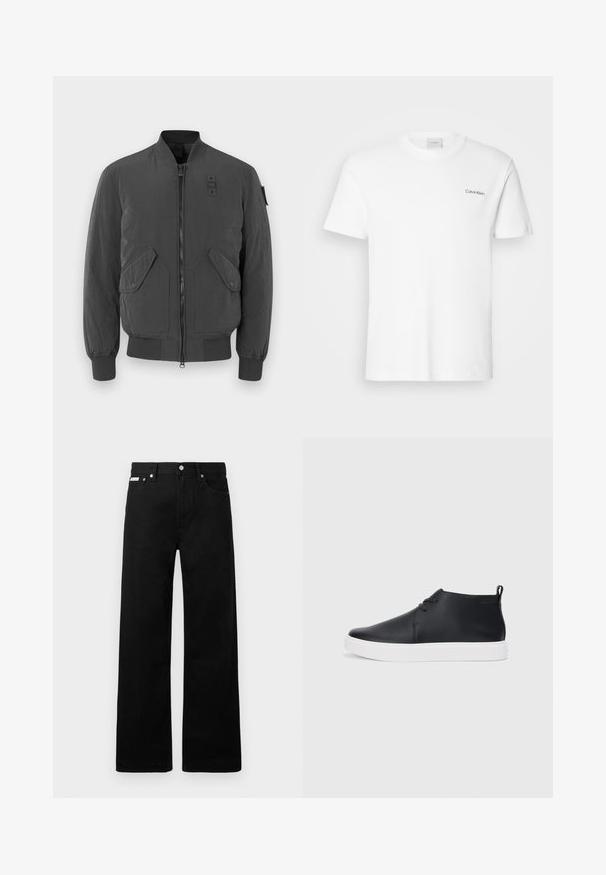 Sötétszürke bomberdzseki, cipzáras elülső részel, bordázott mandzsettákkal és gallérral, két nagy elülső zsebbel, valamint egy textil folttal a nyakkivágás közelében.; Fehér pamut póló rövid ujjakkal és kerek nyakkivágással. Bal mellkason egy kis fekete "Calvin Klein" logó található.; Fekete farmernadrág széles szabással, öt zsebbel és fém gombos díszítéssel. Sima felület, látható minták nélkül.; Fekete bőr magas szárú sneakers, sima felülettel, fehér gumi talppal és egyszerű, fűzős dizájnnal. Hátul húzófül található.