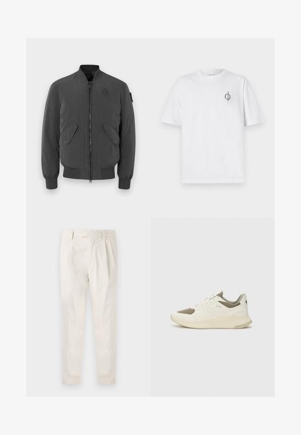 Tamsiai pilkas bomber tipo švarkas su užtrauktuku priekyje, raukšlėtais rankogaliais ir apykakle, dviem didelėm priekinėm kišenėm ir audinio pleistru šalia kaklo.; Balta medvilninė marškinė su laisvu siluetu, su mažą juodą grafiką logotipą kairėje krūtinės pusėje. Trumpomis rankovėmis, apvaliu kaklu.; Balti, susiūtos kelnes, turinčios pritaikytą siluetą, pasižyminčias lygia tekstūra, dirželio kilpomis ir siaurėjančiomis kojomis. Nėra matomų kišenių ar raštų.; Baltas ir šviesiai bežinis sportinis kedas, su tinklo viršumi, perforuotais detalėmis ir tekstūruotu tarpine su logotipu ant kulno.