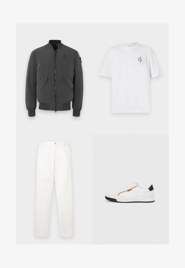 Tamsiai pilkas bomber tipo švarkas su užtrauktuku priekyje, raukšlėtais rankogaliais ir apykakle, dviem didelėm priekinėm kišenėm ir audinio pleistru šalia kaklo.; Balta medvilninė marškinė su laisvu siluetu, su mažą juodą grafiką logotipą kairėje krūtinės pusėje. Trumpomis rankovėmis, apvaliu kaklu.; Balti kelni, pagaminti iš lygaus audinio, turi tiesią kojos konstrukciją, priekinę klostę ir vieną mygtuką juosmens srityje.; Balti sportiniai bateliai su tinklinėmis ir odinėmis detalėmis. Yra auksinė "BOSS" logotipas, tekstūruoti šonai ir juodas kulno dangtelis. Guminis padas.