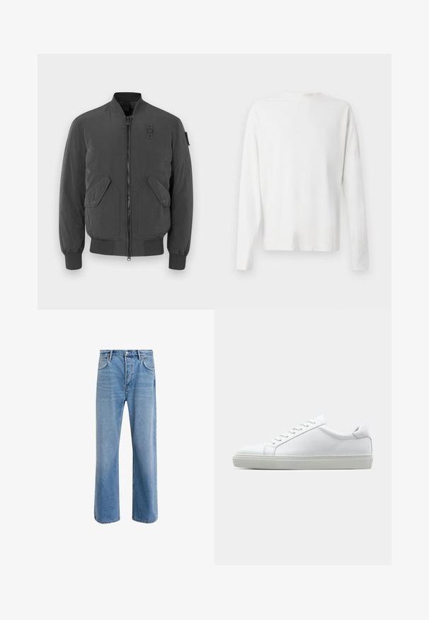 Ciemnoszara kurtka bomberka z zamkiem z przodu, żebrowymi mankietami i kołnierzem, dwoma dużymi przednimi kieszeniami oraz naszywką z tkaniny w okolicy dekoltu.; Biała, bawełniana koszula z długim rękawem, okrągłym dekoltem, bocznymi rozcięciami na dole oraz gładką fakturą, wyeksponowana z tyłu.; Jasnoniebieskie dżinsy o prostym kroju, pięć kieszeni, zapięcie na guzik, minimalne blaknięcia i kontrastowe wykończenia szwów.; Białe sneakersy z gładką skórzaną cholewką i niskim profilem. Posiadają okrągły nos, sześć dziurek na sznurówki oraz teksturowaną gumową podeszwę.