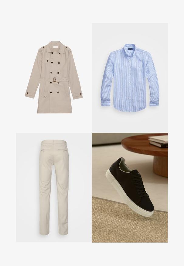 Manteau beige à double boutonnage, grandes boutons foncés, taille ceinturée, épaulettes et deux poches frontales.; Chemise à rayures bleues et blanches à manches longues en coton, dotée d'un col boutonné, de boutons sur le devant et d'un petit logo brodé sur la poitrine.; Pantalon beige avec une texture lisse, coupe droite, deux poches arrière avec boutons, et une taille standard.; Baskets noires avec semelle blanche flottant au-dessus d'un tapis texturé beige, près d'une table en bois ronde avec des livres empilés.