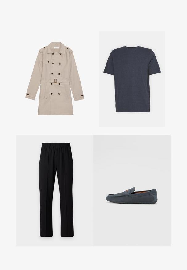 Beige trenchcoat met een dubbelzijdig ontwerp, grote donkere knopen, een ceintuur in de taille, schouderepauletten en twee vo zakken.; Navyblauwe crew neck T-shirt van zachte katoenmixstof, met korte mouwen en een normale pasvorm. Geen zichtbare patronen of accenten.; Zwarte, elastische broek met rechte pijpen, met een gladde textuur en zonder zichtbare patronen of hardware.; Grijze geperforeerde instappers met een slip-on ontwerp, voorzien van een oranje accent, ronde neus en een gestructureerde rubberen zool.