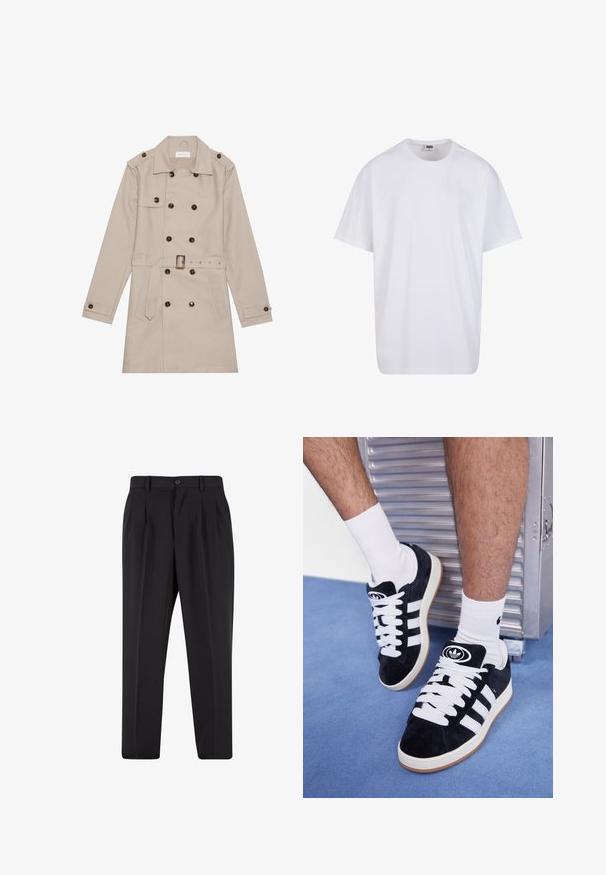 Manteau beige à double boutonnage, grandes boutons foncés, taille ceinturée, épaulettes et deux poches frontales.; T-shirt en coton blanc avec des manches courtes, un col rond, une coupe décontractée et sans logos ni motifs visibles. Texture lisse et design minimaliste.; Pantalons noirs avec un design de devant plissé, fabriqués à partir d'un tissu lisse. Comprend une fermeture par bouton et des passants de ceinture ; coupe droite.; Baskets en suede noir avec des lacets blancs et trois rayures blanches. Présente un logo circulaire noir sur la languette et une semelle en caoutchouc beige.