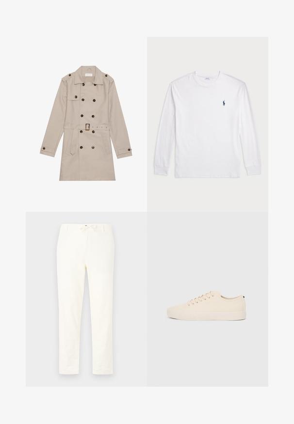 Beige trench coat med dobbeltradet design, store mørke knapper, belted liv, skulderepauleter og to frontlommer.; Hvit langermet T-skjorte laget av bomull. Har rund hals, ribbestrikkede mansjetter, og en liten marineblå polo-logo på venstre bryst.; Hvite, lette linbukser med snor i livet. Rett ben-design, minimal tekstur, og uten synlige mønstre eller detaljer i maskinvare.; Beige lerretsko med rund tå, flat gummisåle og snøring foran. Har et minimalistisk design og en kontrasterende svart detalj ved hælen.