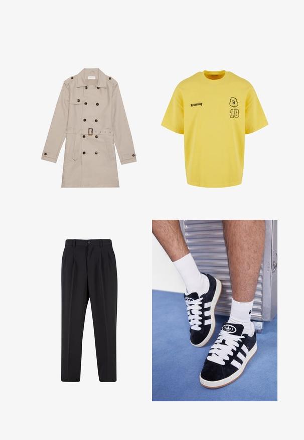 Manteau beige à double boutonnage, grandes boutons foncés, taille ceinturée, épaulettes et deux poches frontales.; T-shirt en coton jaune à col rond, à manches courtes, ornée du texte imprimé en noir "Reternity" et du numéro "18" avec un accent décoratif.; Pantalons noirs avec un design de devant plissé, fabriqués à partir d'un tissu lisse. Comprend une fermeture par bouton et des passants de ceinture ; coupe droite.; Baskets en suede noir avec des lacets blancs et trois rayures blanches. Présente un logo circulaire noir sur la languette et une semelle en caoutchouc beige.