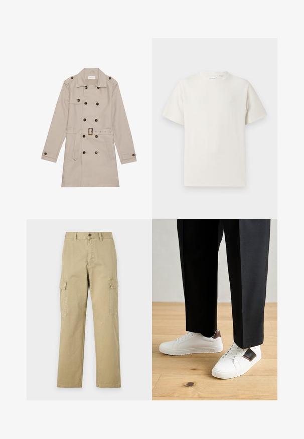 Beige trench coat with double-breasted design, large dark buttons, belted waist, shoulder epaulets, and two frontal pockets.; White short-sleeve T-shirt in a ribbed texture. Round neckline, relaxed fit, no visible patterns or accents. Simple and versatile design.; Beige cargo pants made of cotton, featuring two side pockets, a button closure, and straight legs with a slightly textured fabric.; White sneakers with smooth texture, featuring brown leather accents and black detailing, paired with black tailored pants. Wooden floor background.