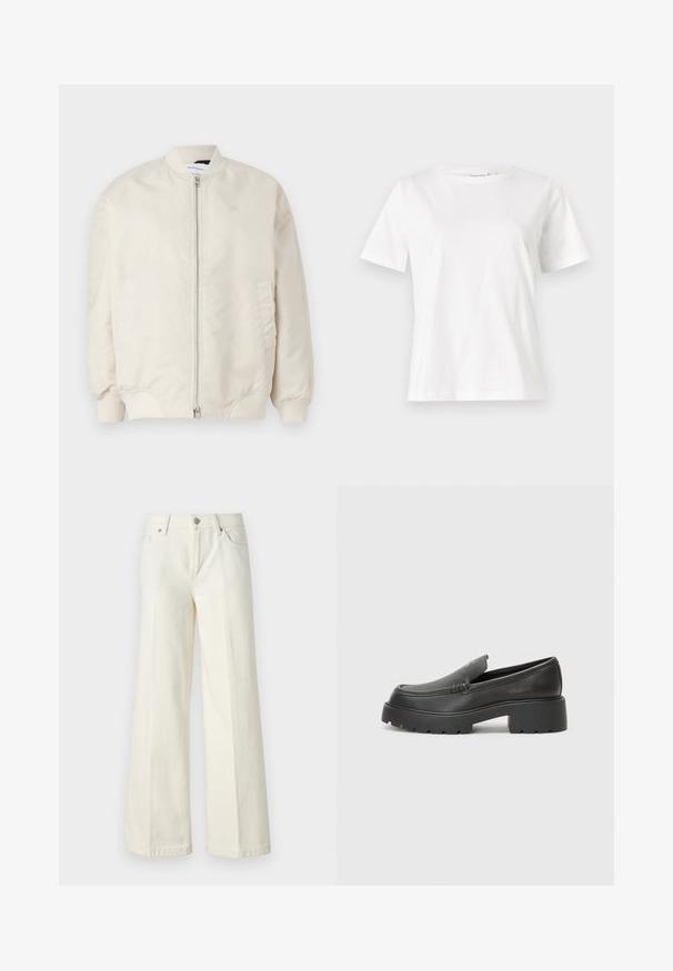 Veste bomber beige clair en tissu léger et lisse. Elle possède une fermeture éclair à l'avant, des poignets côtelés et des poches latérales. Design simple.; T-shirt en coton blanc à manches courtes, col rond et coupe décontractée. Texture lisse, sans motifs ni accents, design minimaliste.; Jean blanc à jambes larges en tissu mélangé de coton. Caractéristiques : fermeture à glissière, format cinq poches et coutures le long des coutures.; Mocassins en cuir noir avec un bout arrondi, une semelle épaisse et texturée, et des détails de couture minimalistes. Design épuré sans lacets ni métal visibles.