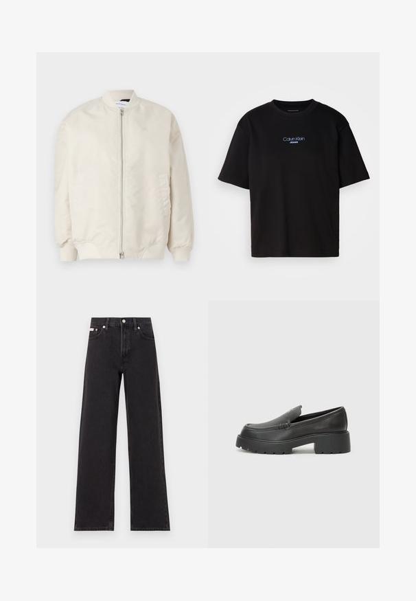 Lichtbeige bomberjack gemaakt van glad, lichtgewicht stof. Voorzien van een ritssluiting aan de voorkant, geribde manchetten en zijzakken. Eenvoudig ontwerp.; Zwart katoenen T-shirt met ronde hals, korte mouwen en blauw geborduurd "Calvin Klein JEANS" logo op de voorkant.; Zwarte wijde spijkerbroeken van denim, met een hoge taille, vijf-pocket stijl en een metalen knoopsluiting met contrasterende stiksels.; Zwarte leren instappers met een ronde neus, dikke getextureerde zool en minimale stikseldetails. Strak ontwerp zonder zichtbare veters of hardware.