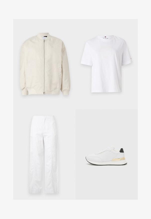 Giacca bomber beige chiaro realizzata in tessuto liscio e leggero. Caratterizzata da una zip frontale, polsini a coste e tasche laterali. Design semplice.; T-shirt bianco in cotone con scollo rotondo, maniche corte e un discreto logo giallo che recita "HILFIGER NEW YORK 1985." Vestibilità standard.; Pantaloni bianchi a gamba larga realizzati in tessuto leggero, con una texture liscia, linee pulite e un design a vita alta.; Sneaker bianco con finitura liscia, caratterizzato da un accento sul tallone nero e un dettaglio metallico dorato sulla suola intermedia. Design con lacci, suola in gomma.