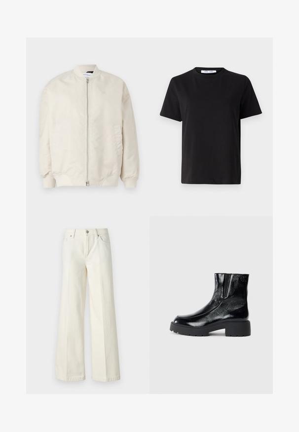 Giacca bomber beige chiaro realizzata in tessuto liscio e leggero. Caratterizzata da una zip frontale, polsini a coste e tasche laterali. Design semplice.; T-shirt nero a maniche corte realizzato in morbido cotone, con scollatura rotonda, vestibilità rilassata e una superficie liscia. Nessun motivo o grafica visibile.; Jeans bianchi a gamba larga realizzati in tessuto misto cotone. Presentano una chiusura lampo, design a cinque tasche e cuciture lungo le cuciture.; Stivali neri alla caviglia con una finitura in pelle laccata lucida, suola in gomma nera spessa e tacco rialzato; include un discreto dettaglio del logo sul lato.