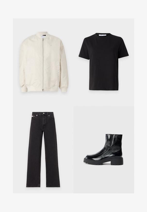 Giacca bomber beige chiaro realizzata in tessuto liscio e leggero. Caratterizzata da una zip frontale, polsini a coste e tasche laterali. Design semplice.; T-shirt nero a maniche corte realizzato in morbido cotone, con scollatura rotonda, vestibilità rilassata e una superficie liscia. Nessun motivo o grafica visibile.; Jeans neri a gamba larga in denim, con vita alta, styling a cinque tasche e chiusura con bottone metallico e cuciture a contrasto.; Stivali neri alla caviglia con una finitura in pelle laccata lucida, suola in gomma nera spessa e tacco rialzato; include un discreto dettaglio del logo sul lato.