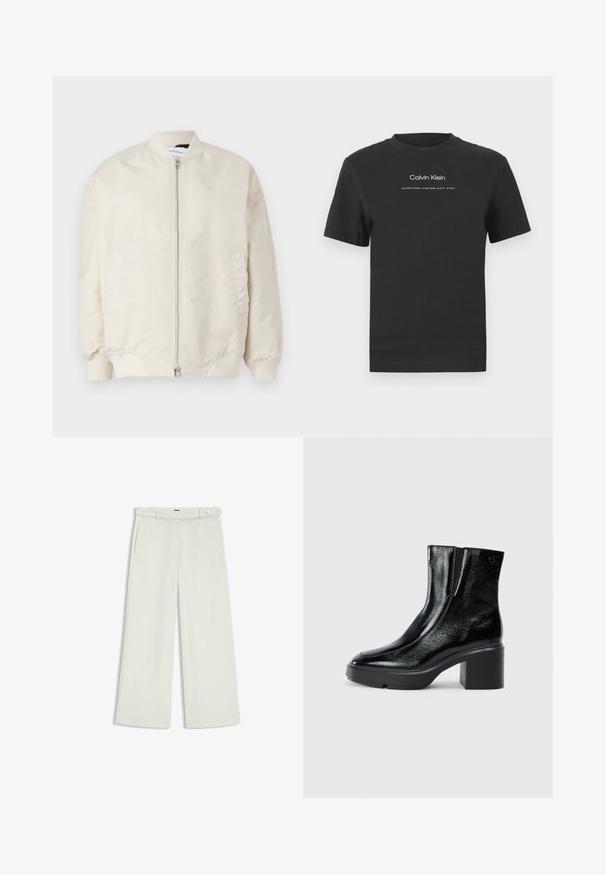 Lys beige bomberjakke lavet af glat, letvægtsstof. Har en frontlynlås, ribbede manchetter og sidelommer. Simpelt design.; Sort bomulds T-shirt med rund halsudskæring, korte ærmer og hvidt trykt "Calvin Klein" logo samt teksten "Established 1968".; Bredde bukser i lys cremefarvet stof, med sidelommer, flad front og en enkelt knaplukning i taljen. Glat tekstur.; Sorte patenterede læderankelstøvler med en buet tå, elastiske sidepaneler og en kraftig blokhæl. Har et præget logo på bagsiden.