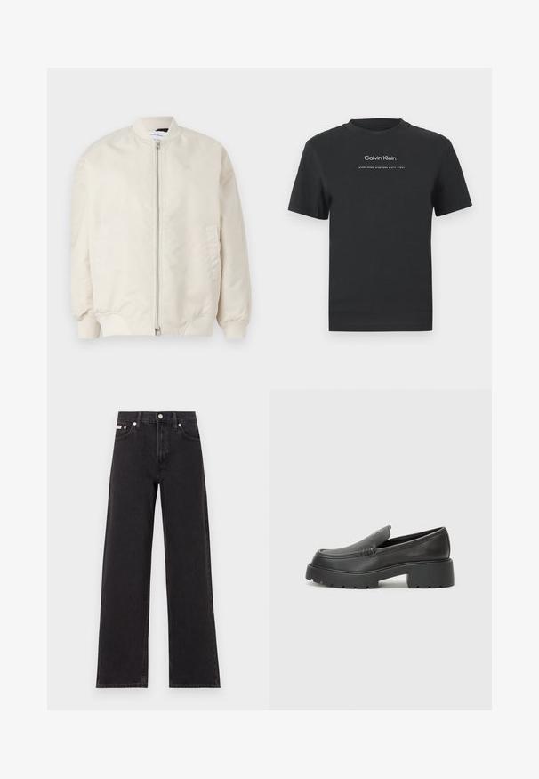 Light beige bomber jacket made of smooth, lightweight fabric. Features a front zipper, ribbed cuffs, and side pockets. Simple design.; Black cotton T-shirt with a crew neckline, short sleeves, and white printed "Calvin Klein" logo and "Established 1968" text.; Black wide-leg jeans made of denim, featuring a high-rise waist, five-pocket styling, and a metal button closure with contrasting stitching.; Black leather loafers with a rounded toe, thick textured sole, and minimal stitching details. Sleek design with no visible laces or hardware.