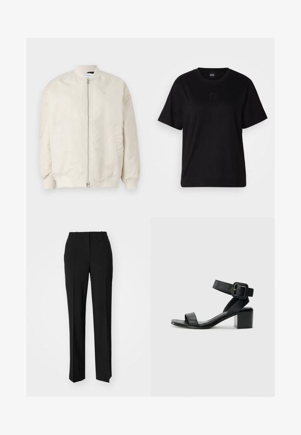 Light beige bomber jacket made of smooth, lightweight fabric. Features a front zipper, ribbed cuffs, and side pockets. Simple design.; Black cotton t-shirt with a crew neckline, short sleeves, and an embroidered logo on the chest. Simple, relaxed fit with no patterns.; Black tailored trousers with a straight-leg design, featuring a smooth texture and crisp creases along the front. No visible hardware.; Black leather heeled sandal with adjustable ankle strap, open toe design, and a square block heel. Smooth texture, minimalistic style.