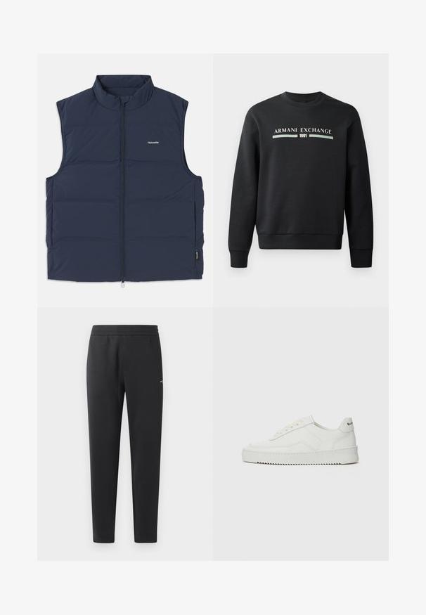Mornarsko modra podložena jopica z visokim ovratnikom, zadrgo in odprtinami za roke. Ima majhen logotip na prsih in gladko teksturo.; Črna trenirka iz mehkega materiala. Ima okroglo izrezano vratno odprtino in dolge rokave. Na sprednji strani je prikazano "ARMANI EXCHANGE" in "1991" v kontrastnih barvah.; Črne trenirka hlače iz mehkega blaga, z elastičnim pasom, ravnimi nogami in z enim majhnim logotipom na strani.; Bela usnjena športna obutev z gladko površino, okroglo prst, ravne vezalke in teksturiran podplat. Ima diskretno logo na peti.
