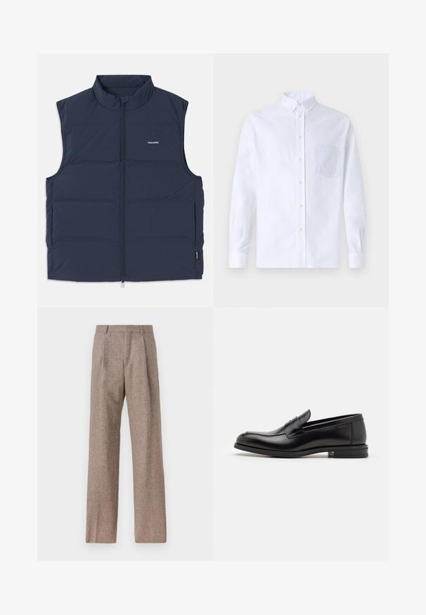 Granatowa, pikowana kamizelka z wysokim kołnierzem, zamkiem błyskawicznym i otworami na ramiona po bokach. Posiada małe logo na klatce piersiowej i gładką teksturę.; Biała koszula z długim rękawem na guziki, wykonana z bawełny, z kieszonką na piersi z tonowym haftem, kołnierzykiem i zapięciem na guziki przy mankietach.; Brązowe, wysokiej talii spodnie wykonane z teksturowanej tkaniny. Posiadają szerokie nogawki i dwa przednie zakładki dla lepszej struktury. Starannie wykończone, bez widocznych elementów metalowych.; Czarne skórzane mokasyny o gładkiej fakturze, zaokrąglonym nosku i dekoracyjnym pasku na przodzie. Niski, warstwowy obcas, minimalistyczny design.