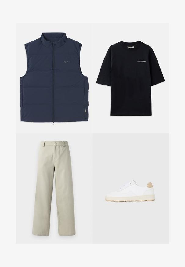 Tummansininen toppaliivi korkealla kauluksella, vetoketjukiinnityksellä ja sivuaukkoilla. Rinnan kohdalla on pieni logo ja pinta on sileä.; Musta puuvillapaita lyhyillä hihoilla, pyöreä kaula-aukko ja pieni valkoinen "HOLZWEILER" -logo edessä, löysä istuvuus.; Han Kjøbenhavn WIDE LEG - Housut - light grey; Valkoiset matalat tennarit, joissa on teksturoitu nahkapinta, kermaisa uratettu pohja sekä ruskea kantapääkorostus. Varustettu valkoisilla nauhoilla ja logoyksityiskohdalla kantapäässä.