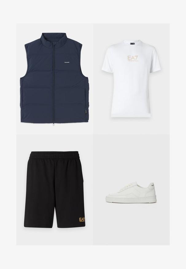 Vesta îmblănită de culoare bleumarin, cu un guler înalt, închidere cu fermoar și deschideri laterale pentru brațe. Prezintă un logo mic pe piept și o textură netedă.; Tricou alb din bumbac, cu guler rotund și mâneci scurte, având un logo auriu EA7 Emporio Armani imprimat pe față.; Shorts atletici negri dintr-un material moale, având o talie elastică și un mic logo galben EA7 pe partea inferioară a piciorului stâng.; Sneakers din piele albă cu un finisaj neted, vârf rotund, șireturi plate și o talpă texturată. Prezintă un logo subtil pe călcâi.