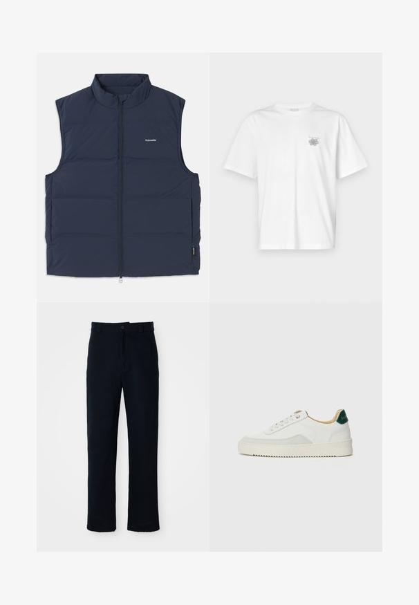 Tmavomodrý prešívaný vest s vysokým golierom, zipsom na prednej strane a otvormi na ruky po stranách. Obsahuje malé logo na hrudi a hladkú textúru.; Biela tričko vyrobené z bavlny, s krátkymi rukávmi, okrúhlym výstrihom a malým šedým logom na oblasti ľavej hrude. Hladká textúra.; Námornícke modré nohavice vyrobené z bavlny, so strihom rovného nohavice, predným zapínaním na gombík a klasickým pásom s pútkami na opasok.; Biele tenisky s semišovými akcentmi, zaoblenou špičkou, plochými šnúrkami a krémovou gumovou podrážkou. Na päte sú zelené značky.