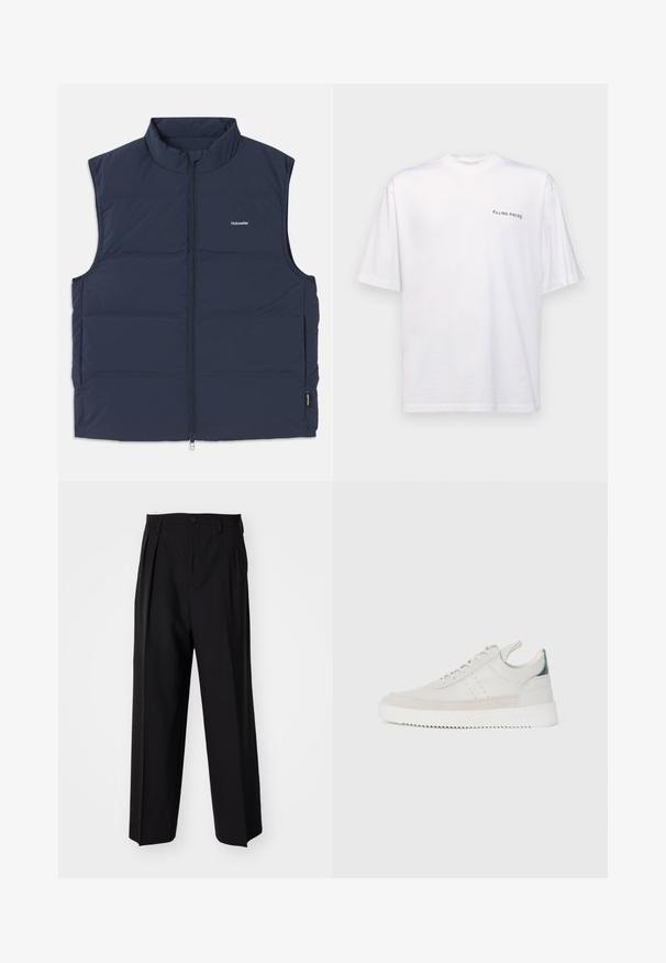 Granatowa, pikowana kamizelka z wysokim kołnierzem, zamkiem błyskawicznym i otworami na ramiona po bokach. Posiada małe logo na klatce piersiowej i gładką teksturę.; Biała, krótka koszulka z bawełny z dekoltem w serek, z czarnym logo "FILLING PIECES" nadrukowanym po lewej stronie.; Czarne plisowane spodnie o prostym, szerokim kroju nogawek. Wykonane z gładkiego materiału, z zapięciem na guzik i pętelkami na pasek.; Białe skórzane trampki z szarymi zamszowymi akcentami, sznurowany design, uchwyt oraz teksturowana gumowa podeszwa z wzorem w zygzak.