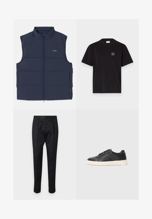 Tumši zila polsterēta veste ar augstu apkakli, ar rāvējslēdzēju un sānu rokas atverēm. Uz krūškurvja ir neliela logo, un tai ir gluda tekstūra.; Melna kokvilnas T-kreklu ar apaļu kaklu un īsām piedurknēm. Saturs mazu zilu logotipu kreisajā krūtī. Vienkāršs, taisns griezums.; Melni bikses, izgatavotas no gludas auduma, ar uzkāpes priekšpusē, pogu aizdari un velkot piegriezumu pie potītes.; Melnas ādas sporta kurpes ar struktūru, apaļu purngalu un plakanu baltu gumijas zoli. Iezīmētas ar melnām šņorēm un zīmola logo uz papēža.